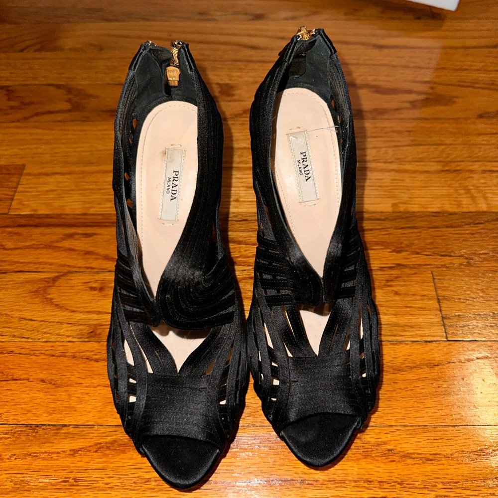 Prada Satin Cutout Accent Heeled Sandals